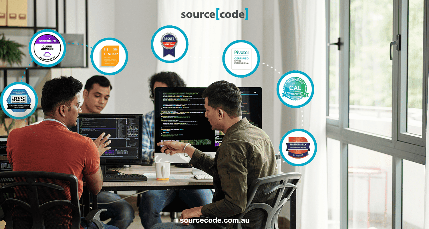 Graphic showing a software development team with badges representing expertise and years of experience.