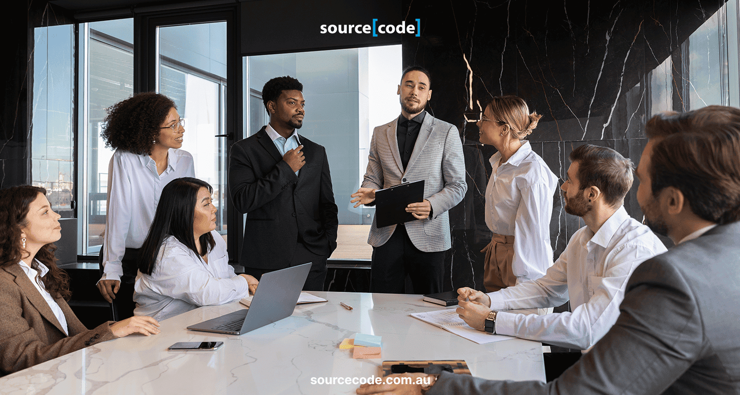 Graphic showing a project manager overseeing a software development team with clear communication channels.