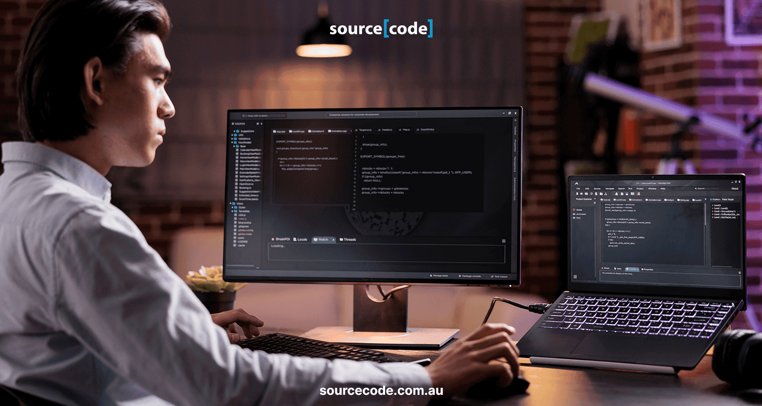 Visual of a developer working with code, highlighting various programming languages and technologies.