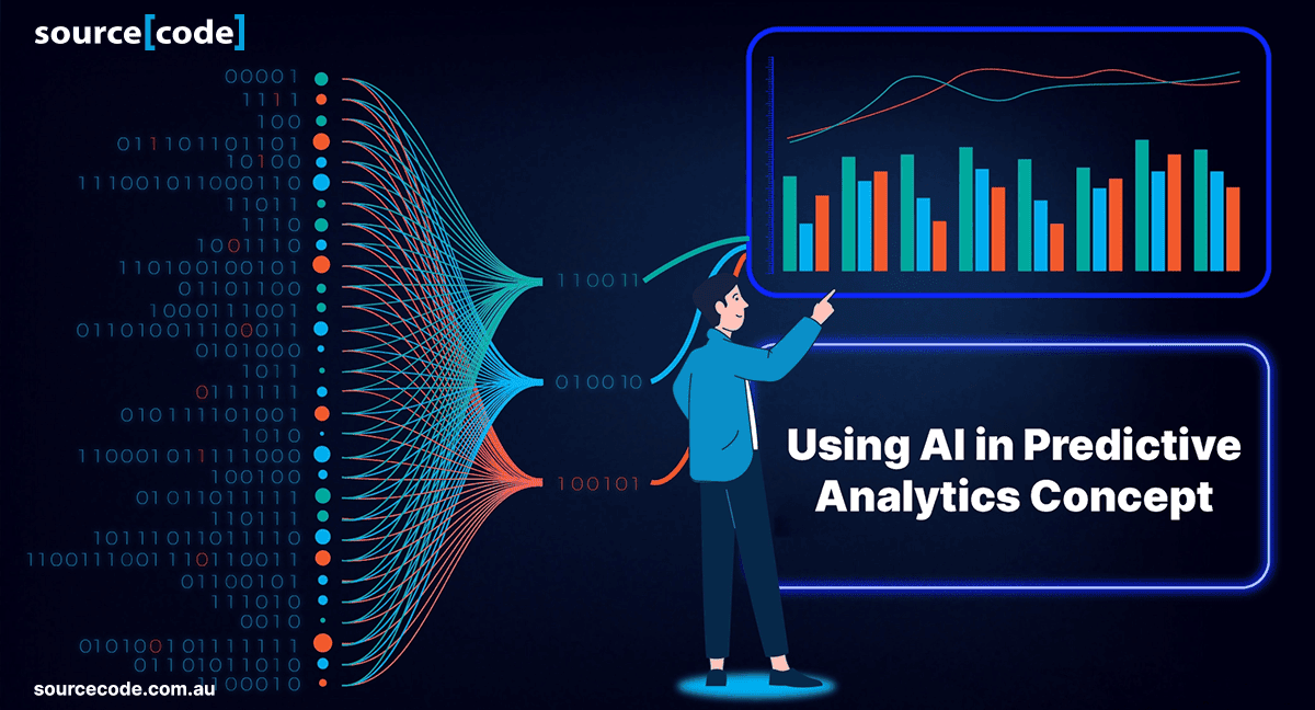 A visual representation of predictive analytics showcasing data-driven decisions for sales forecasting, customer behavior, and inventory management. 