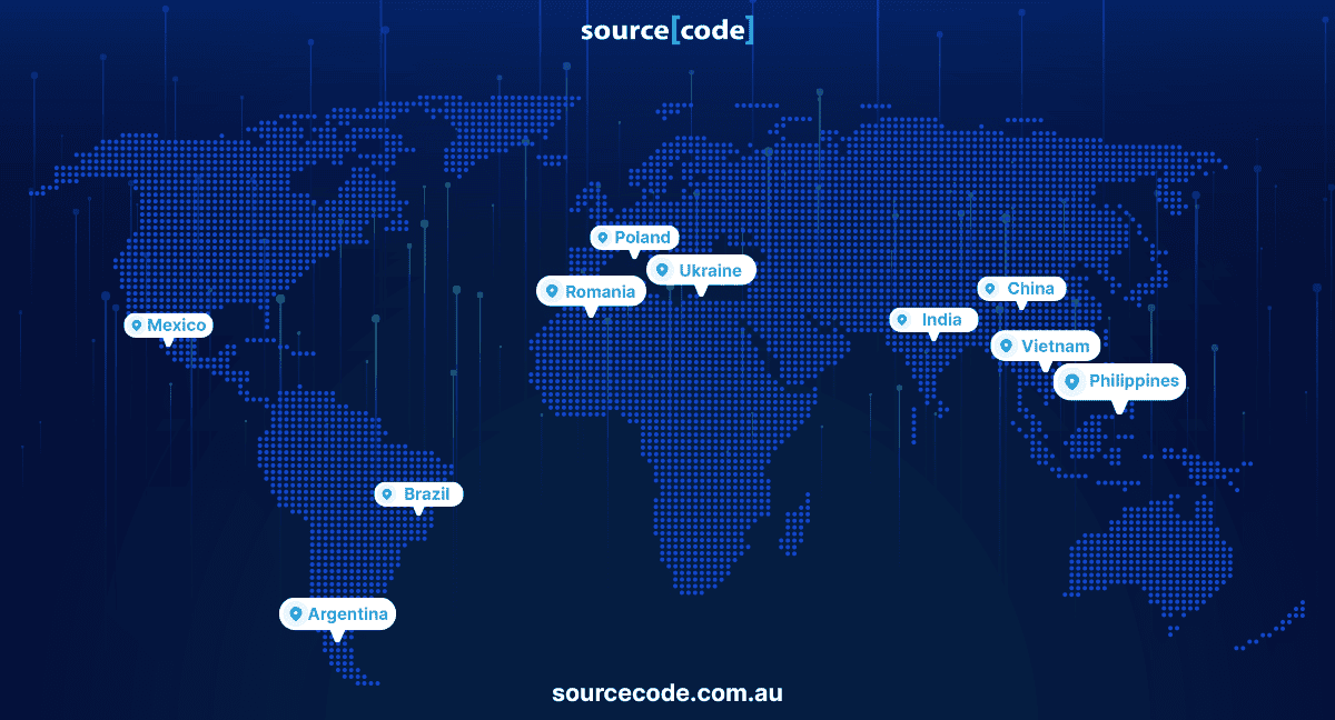 Illustration showing a global map with markers representing access to international software development talent.